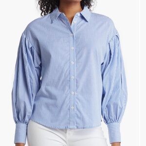 Blue Pinstripe Button-Front Puff-Sleeve Shirt